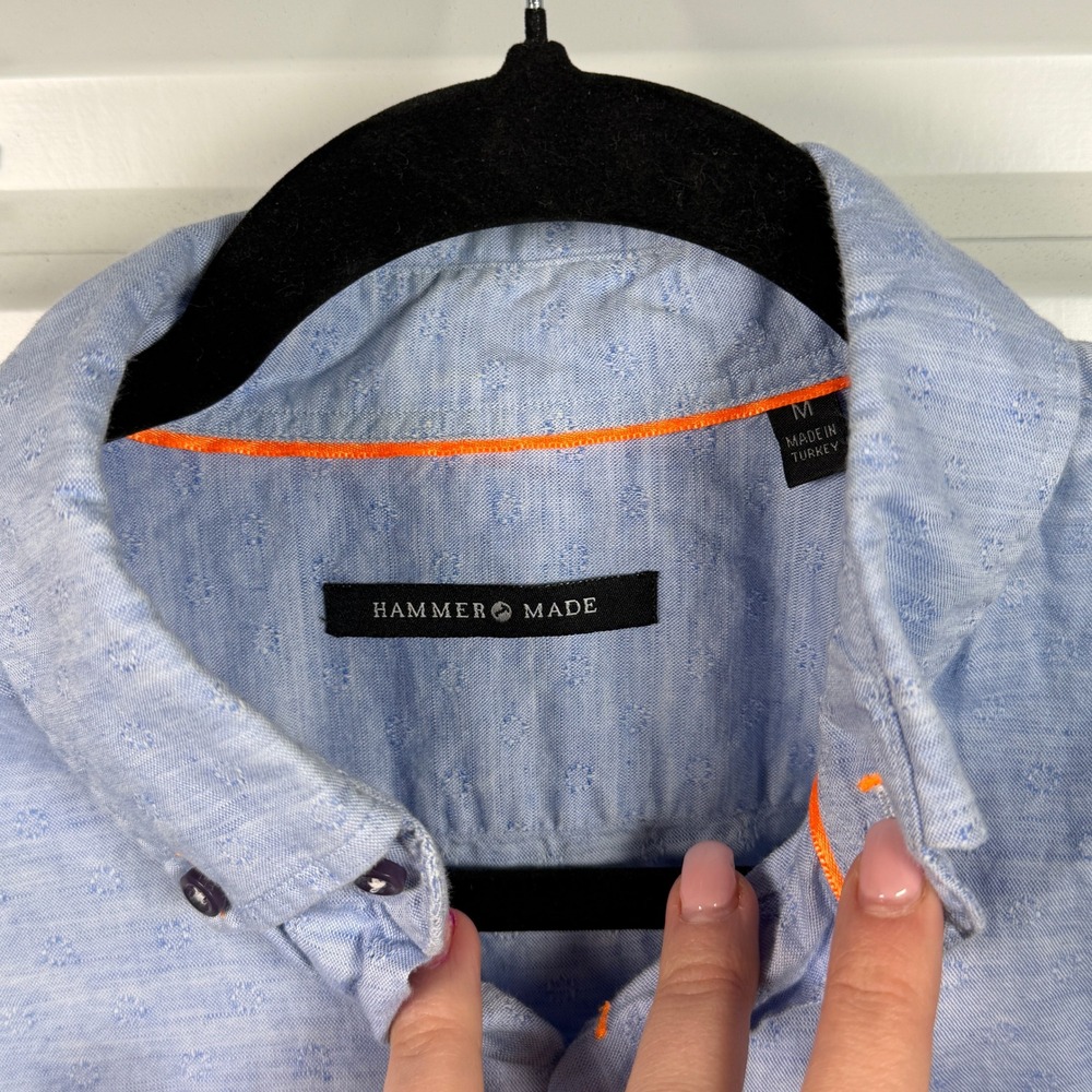 Hammer Made Mens Light Blue Cotton Linen Short Sleeve Button Down Shirt Size M - Picture 3 of 4